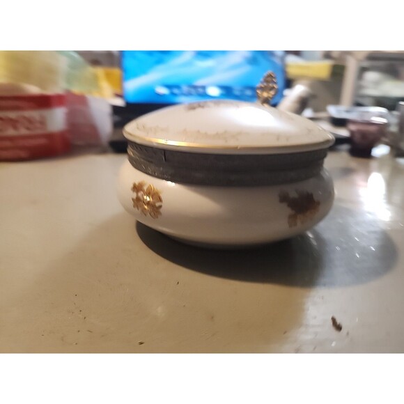 Vintage Porcelain Lidded Serving Pot Handle Gold Gilt Floral Brass Trim Elegant - Picture 4 of 15